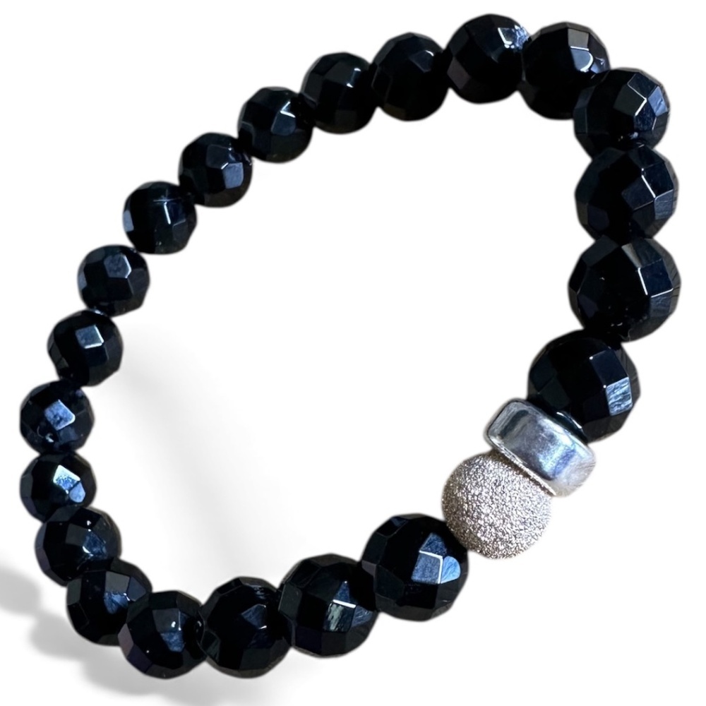 Polished Faceted 8mm Onyx Stretch Bracelet w/ 14k Gold Filled & Sterling Silver